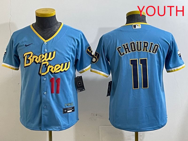 Youth Milwaukee Brewers #11 Chourio Light Blue City Edition 2025 Nike MLB Jersey style 3